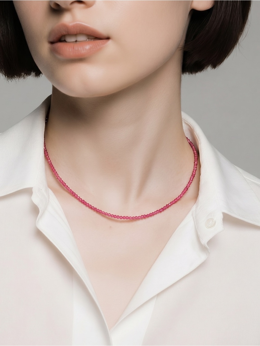 18K White Gold Red Ruby Beaded Necklace